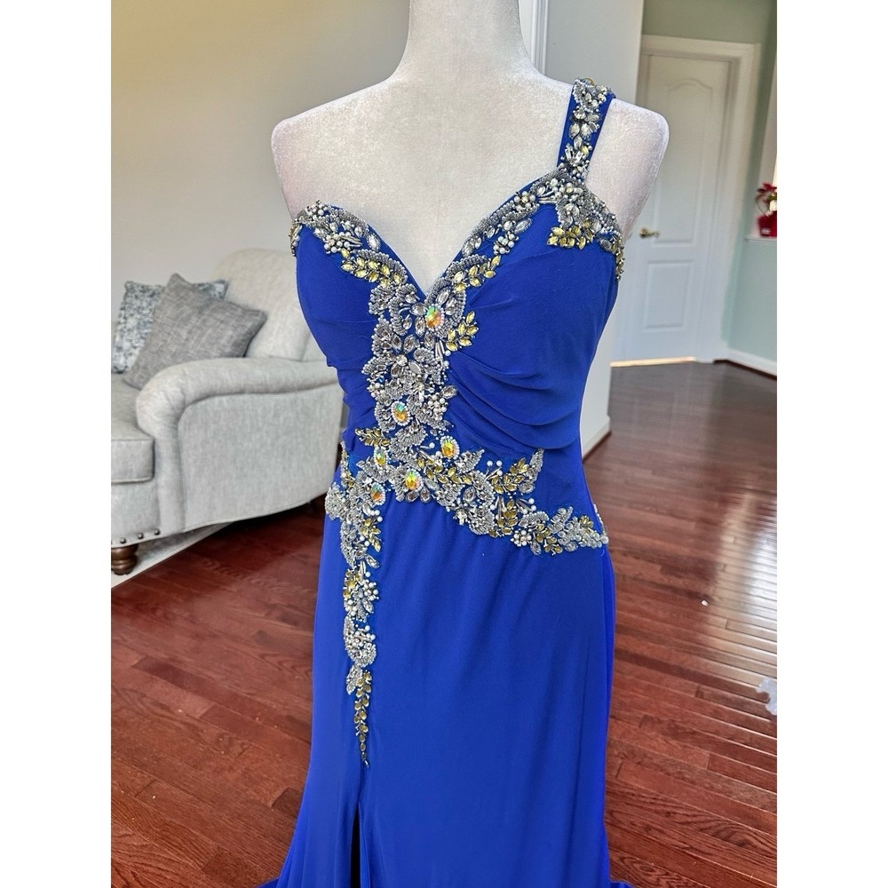 Vintage May Queen USA Royal Blue One Shoulder Embellished Gown Dress Size 12 - Picture 6 of 12